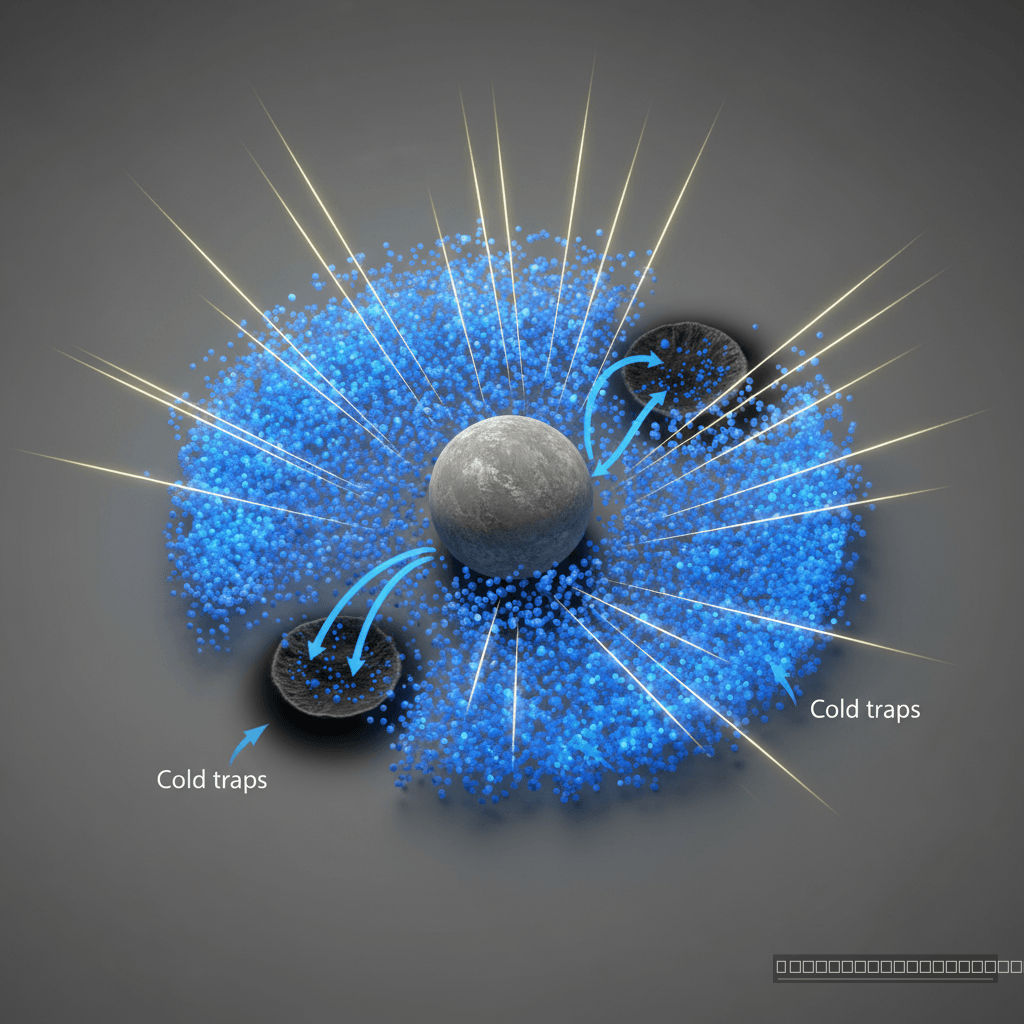 O conceito de auto-blindagem atmosférica: o vapor d'água de um impacto massivo protege as moléculas de água da radiação solar, permitindo que cheguem aos polos de Mercúrio.