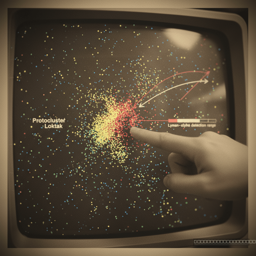 Visualização de dados revelando a densidade de galáxias no universo jovem, destacando o Protocluster Loktak como uma região de intensa formação estrutural.