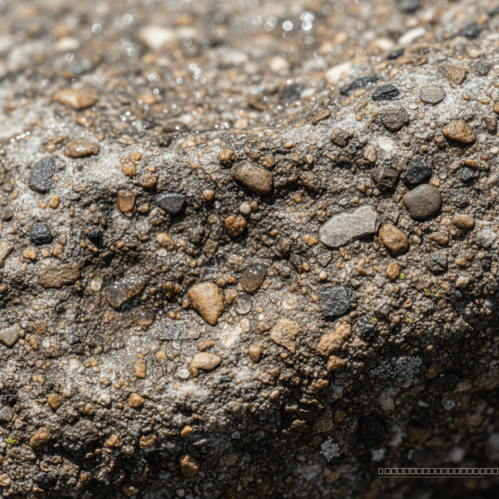 Evidências geológicas do passado gélido da Terra: um fragmento de diamictito, rocha sedimentar formada por depósitos glaciais, encontrado em locais como a Namíbia e o Brasil.