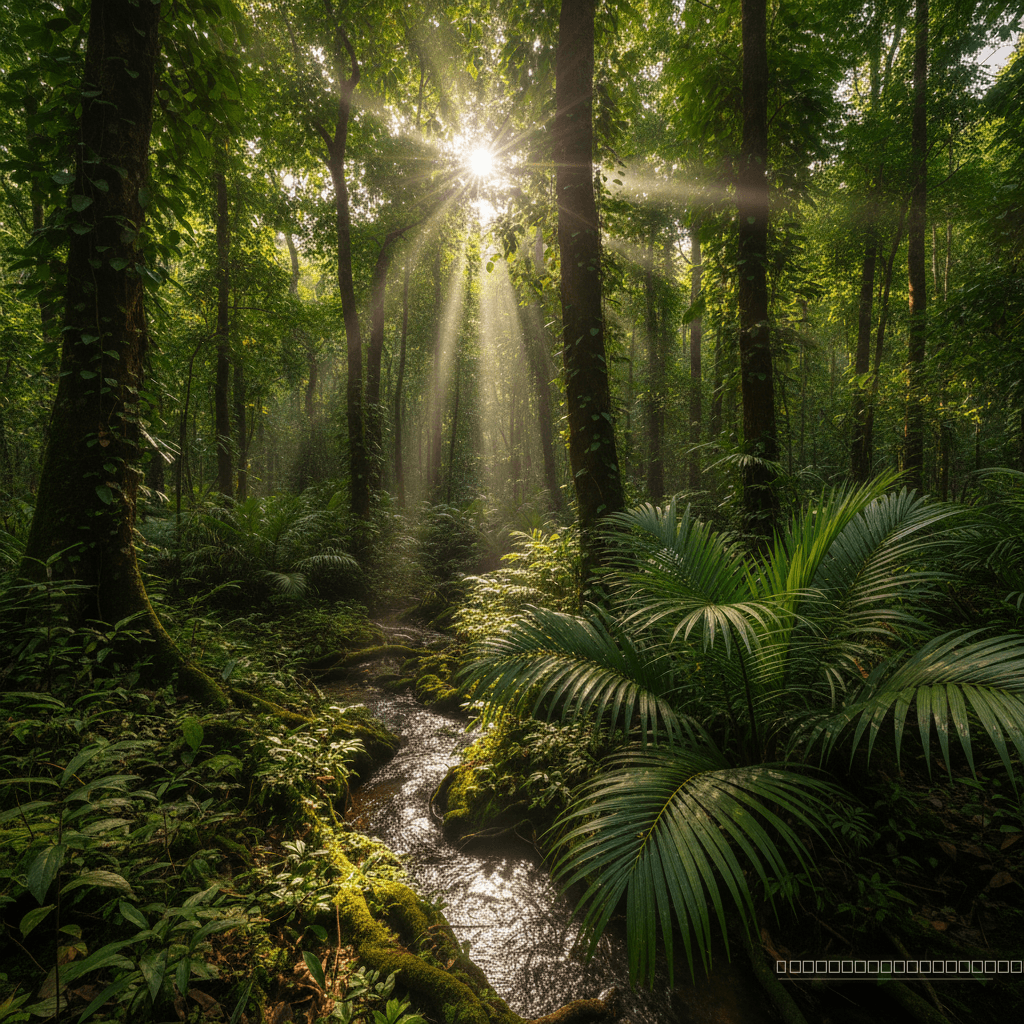 A vegetação terrestre, como esta floresta tropical, atua como um escudo térmico vital, absorvendo luz solar e impedindo o retorno de um estado de congelamento global.