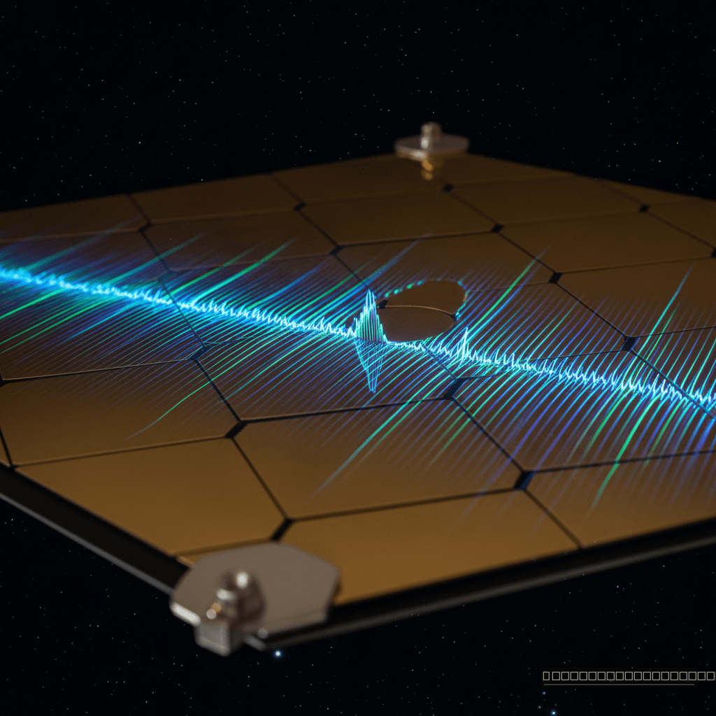 Os olhos dourados do JWST: O espelho primário do Telescópio Espacial James Webb capta as assinaturas infravermelhas que revelam a presença de metano na atmosfera de exoplanetas.